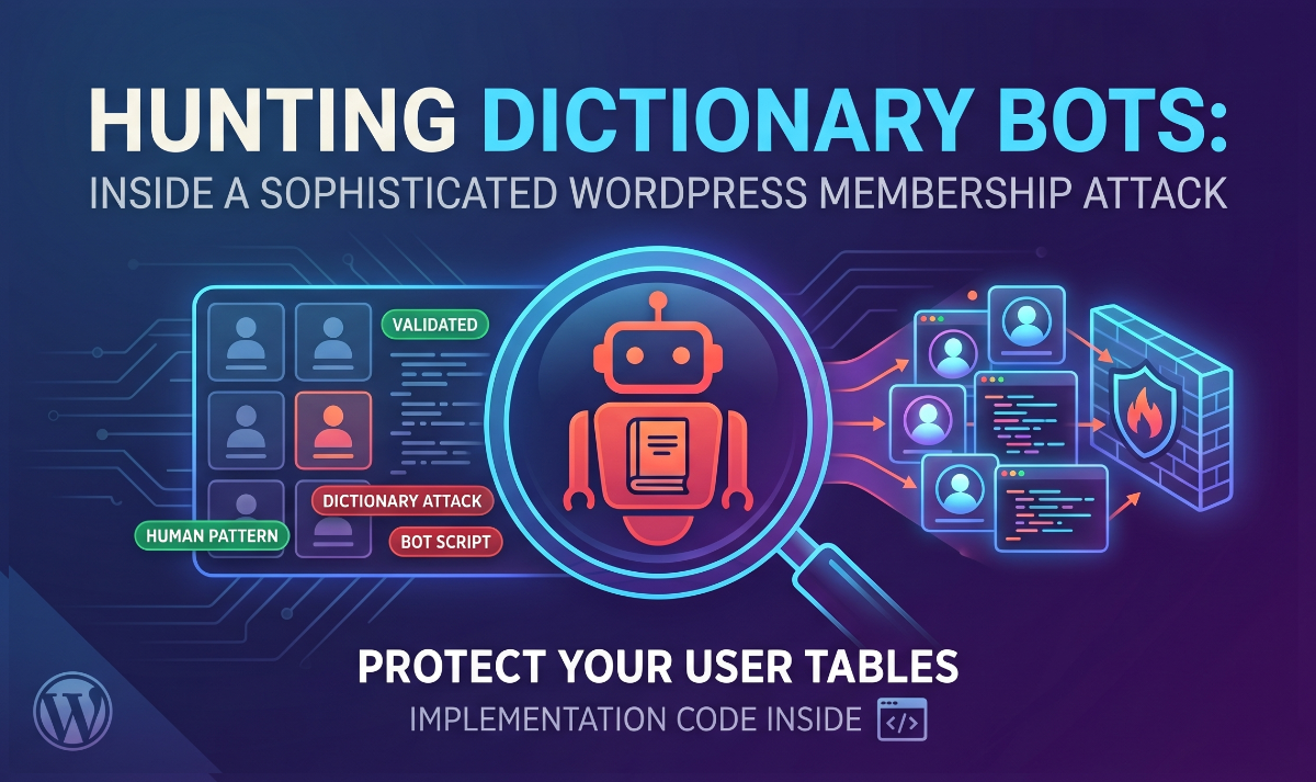 A screenshot of a WordPress membership signup form with a CAPTCHA and a WAF blocking a dictionary bot